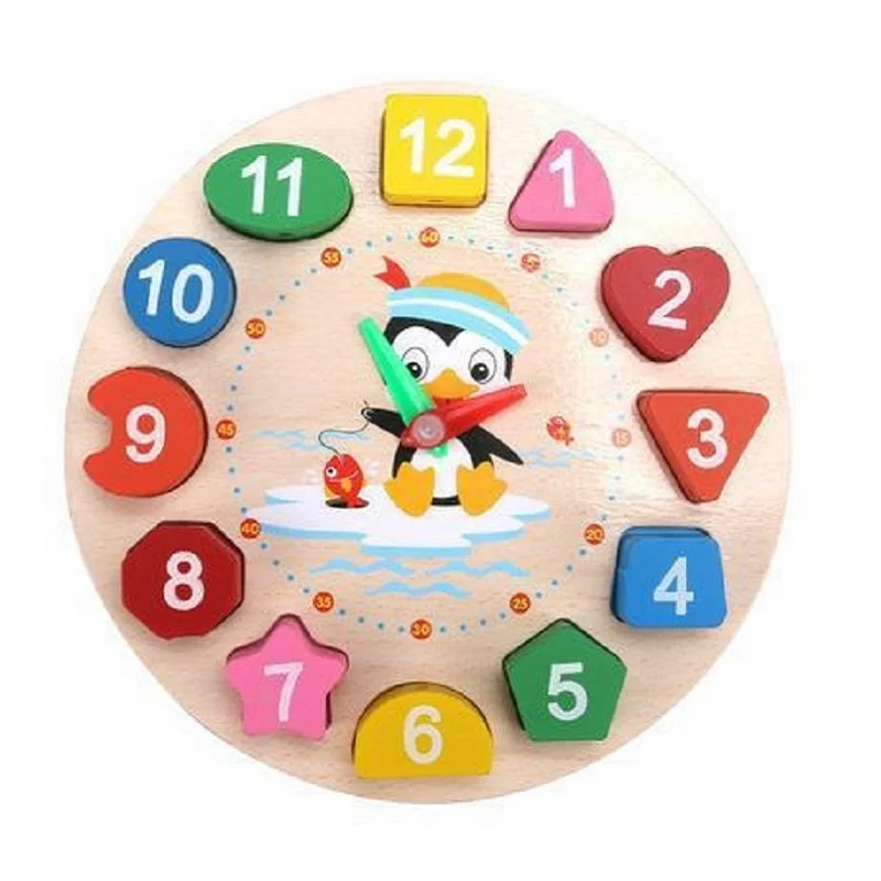 Wooden Clock Puzzle Cartoon Animal Shape Tangram Cognitive Digital Clock Kids Early Educational Threading Assembly Toys 5