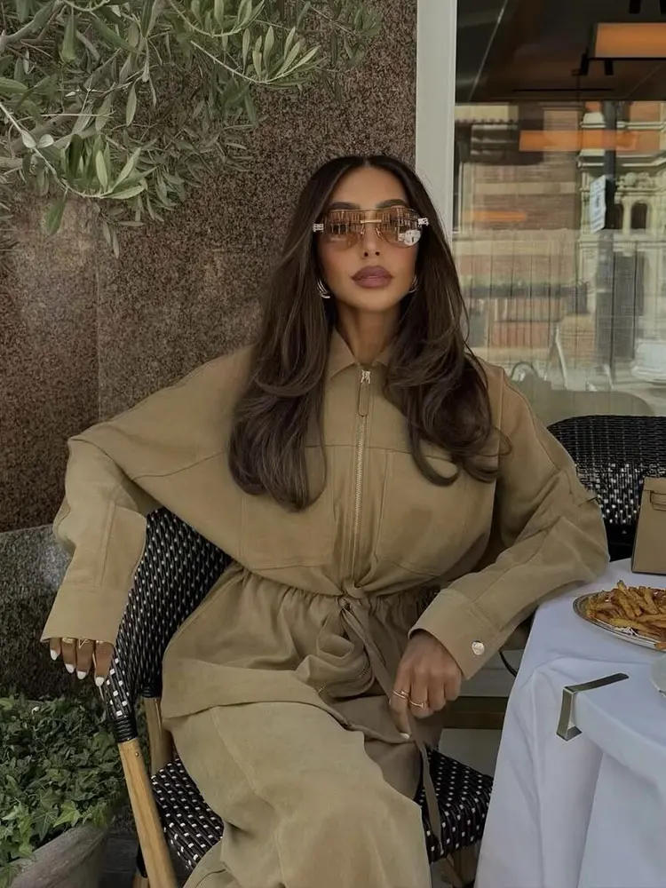 HH Women Autumn New Fashion Pants Sets Long Sleeve Lapel Zipper Jacket With Belts Drawstring Wide Leg Trousers Suits Streetwear