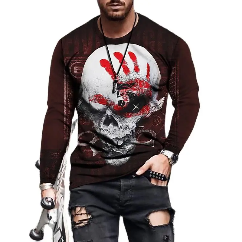 

2023 New Vintage Skull Long Sleeve Men's 3D Skull Print Round Neck T-shirt Horror Style Shirt Super Top T-shirt