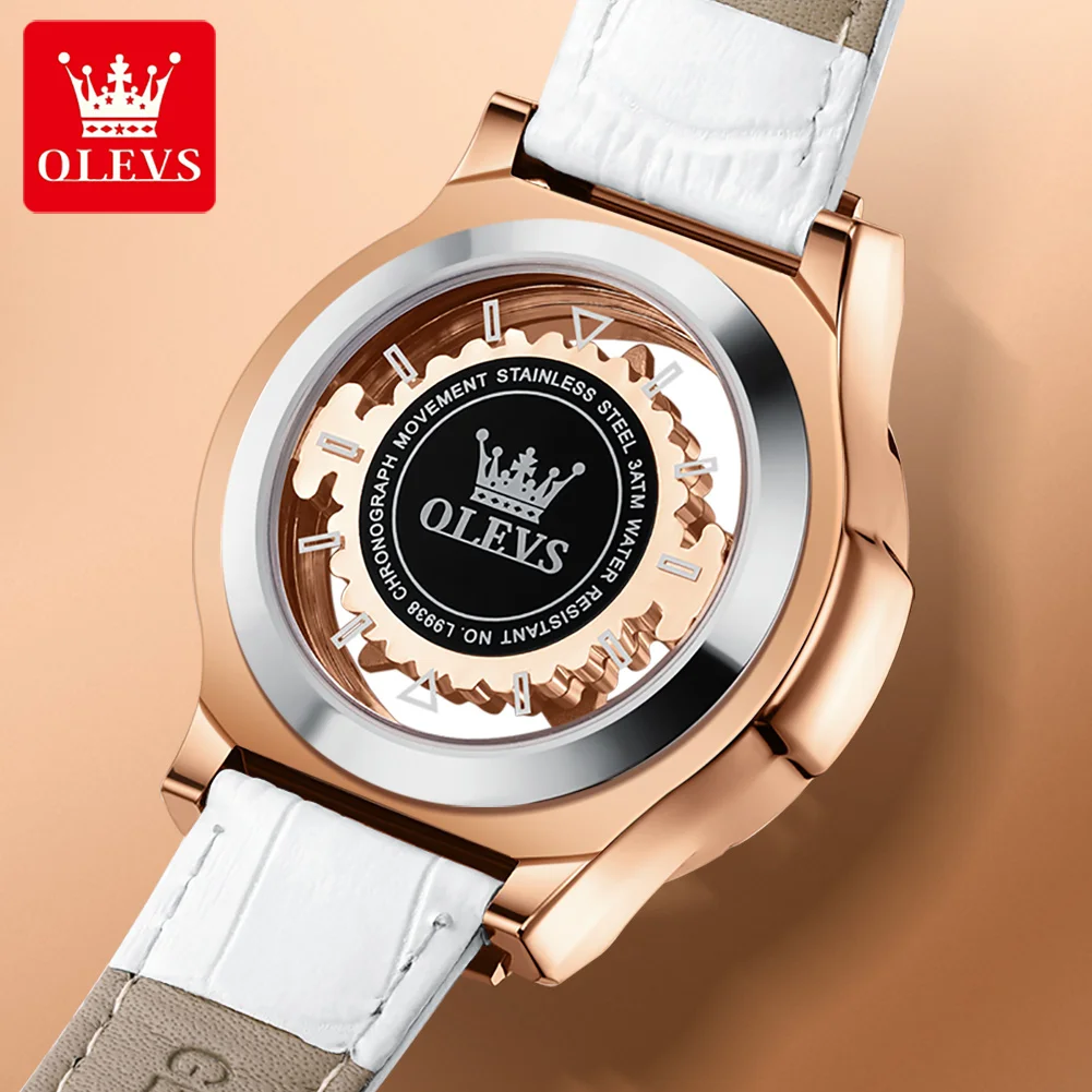 OLEVS Diamond Watch for Women Waterproof Breathable Leather Strap Female Pentacle Snowflake Rotates the Dial Luxury Quartz Watch