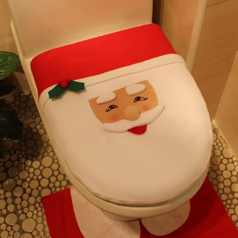 Description Picture 4 of item1/2/3pcs Santa Clause Pattern Toilet Seat Cover Bathroom Foot Pad Red Bath Mat Contour Rug Set Christmas Decoration For Home