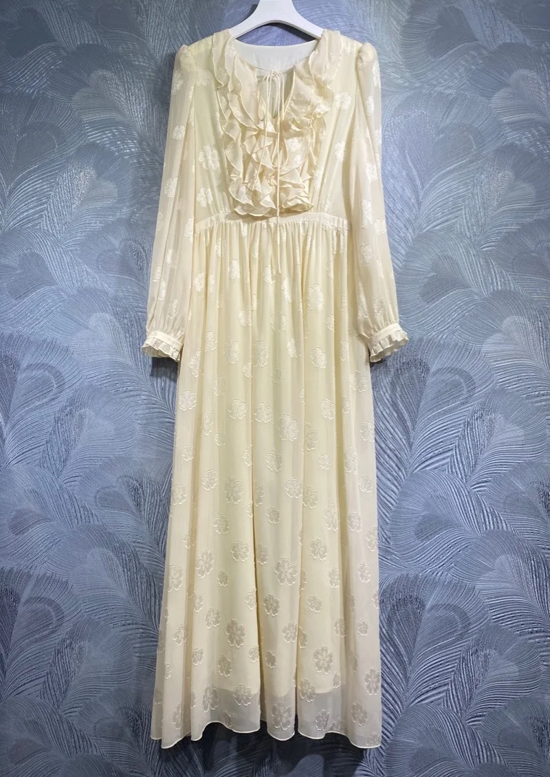

XXL Long Dress 2023 Spring Summer Party Evening Women V-Neck Vintage Jacquard Prints Ruffle Flower Long Sleeve Maxi Dresses