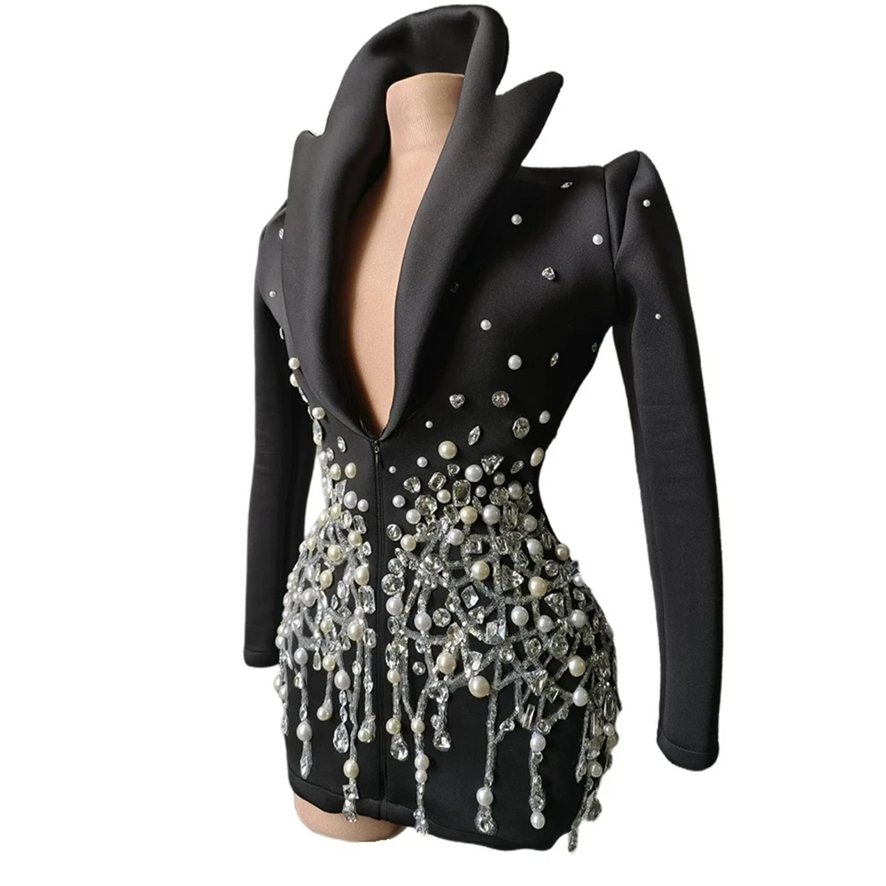 Party Show Pearls Rhinestones Jacket Sexy Stage Wear DJ Singer Bar Nightclub Jazz Dance Costume,girl dance costume