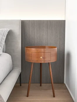 Per stile nordico Comodino a tre gambe Camera da letto Comodino in legno Tavolino rotondo con cassetto semplice di lusso Armadietti da scrivania Tavolino 1