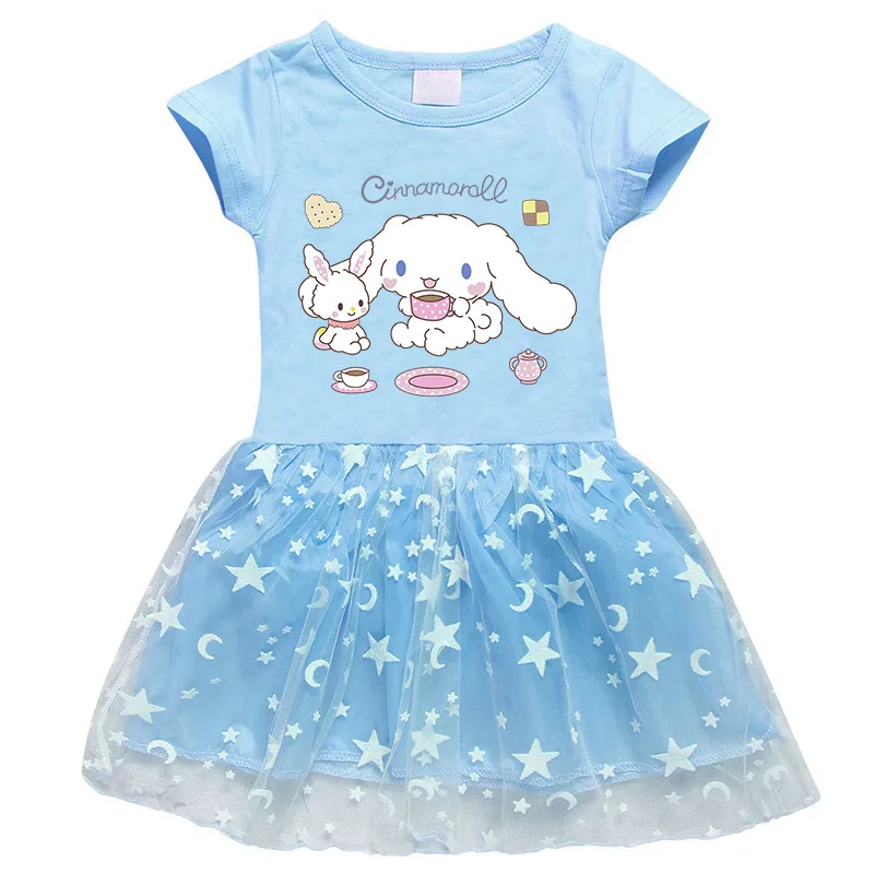 

Sanrio Hello Kitty Kuromi Cinnamoroll Korean Girls Dress Short Sleeve Summer Girls Cartoon Mesh Short Sleeve Princess Dresses