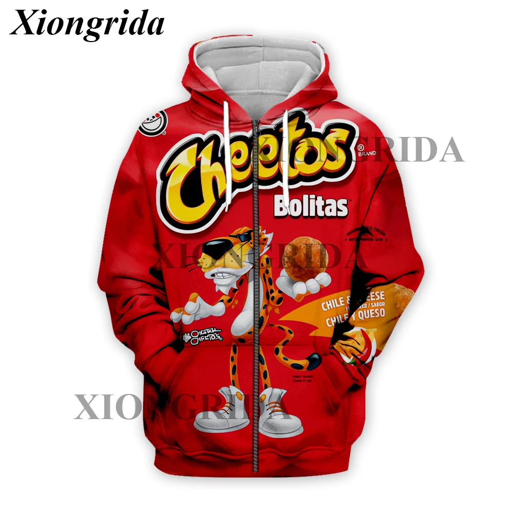 Novelty Hot Cheetos Food Puffs Zip Hoodies 3D Printed Mens Sweatshirt Harajuku All Over Print Unisex Pullover Hood Zip Top S-5XL