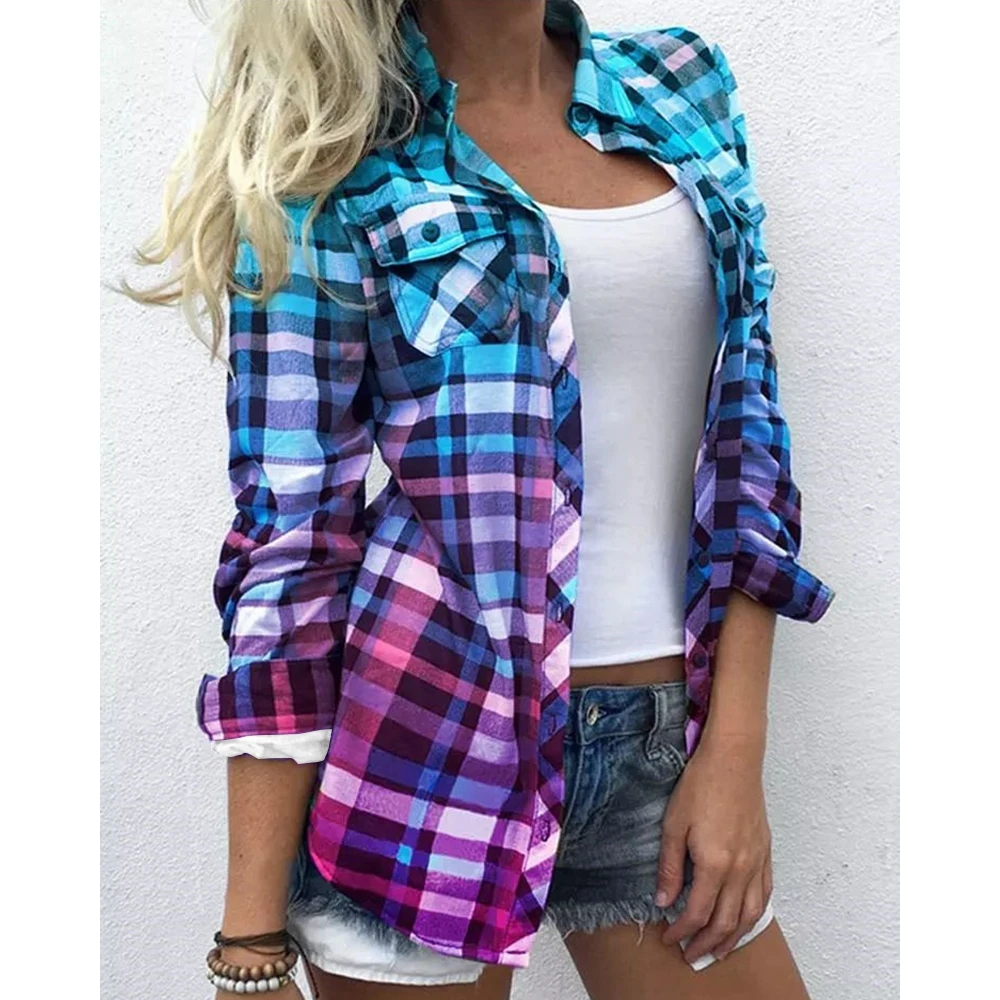 

2022 Autumn New Women Colorblock Plaid Print Button Down Shirt Fashion Elegant Lady Long Sleeve Blouse Workwear Clothing