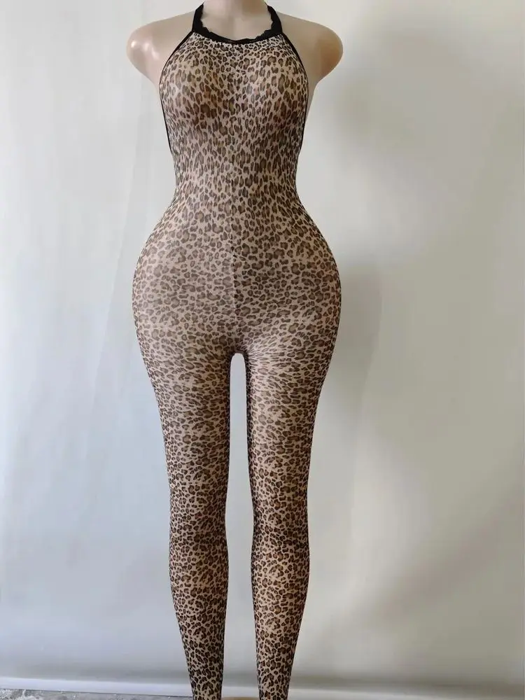 

Leopard Prints Halter Backless Catsuit Bodystocking Sleeveless Bodysuit Tights Sexy Leotard Conjoined Lingerie Jumpsuit Unitard