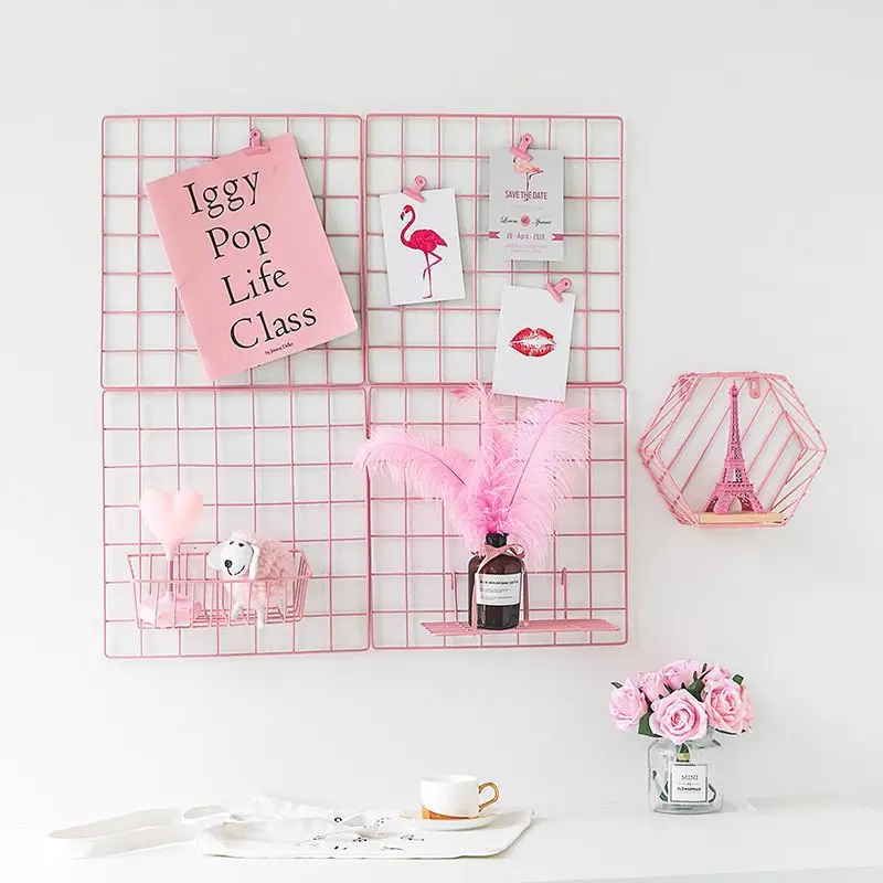 PinkMetalHangingShelfArtDisplayGridPhotoWallMountedIronRoomHangingStorageRack