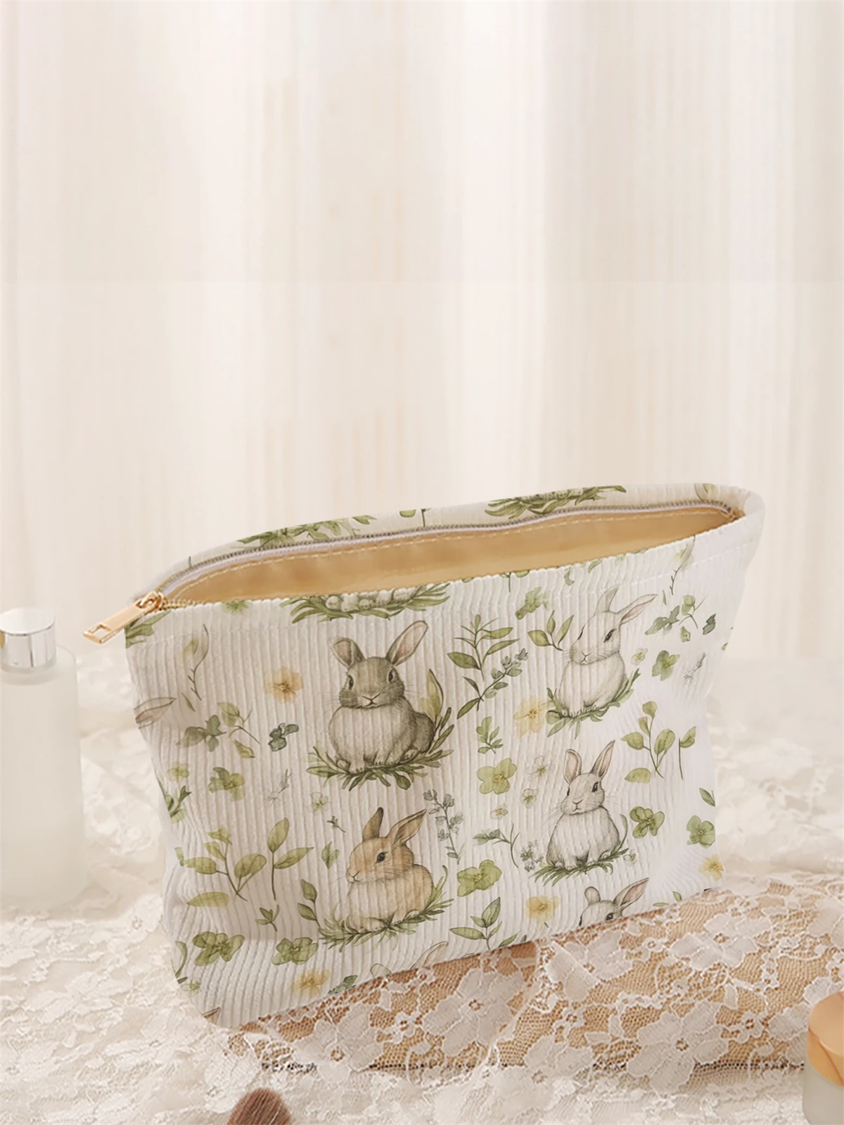 1 rabbit patterned corduroy makeup bag, lightweight zipper makeup storage box, multifunctional bag with lining