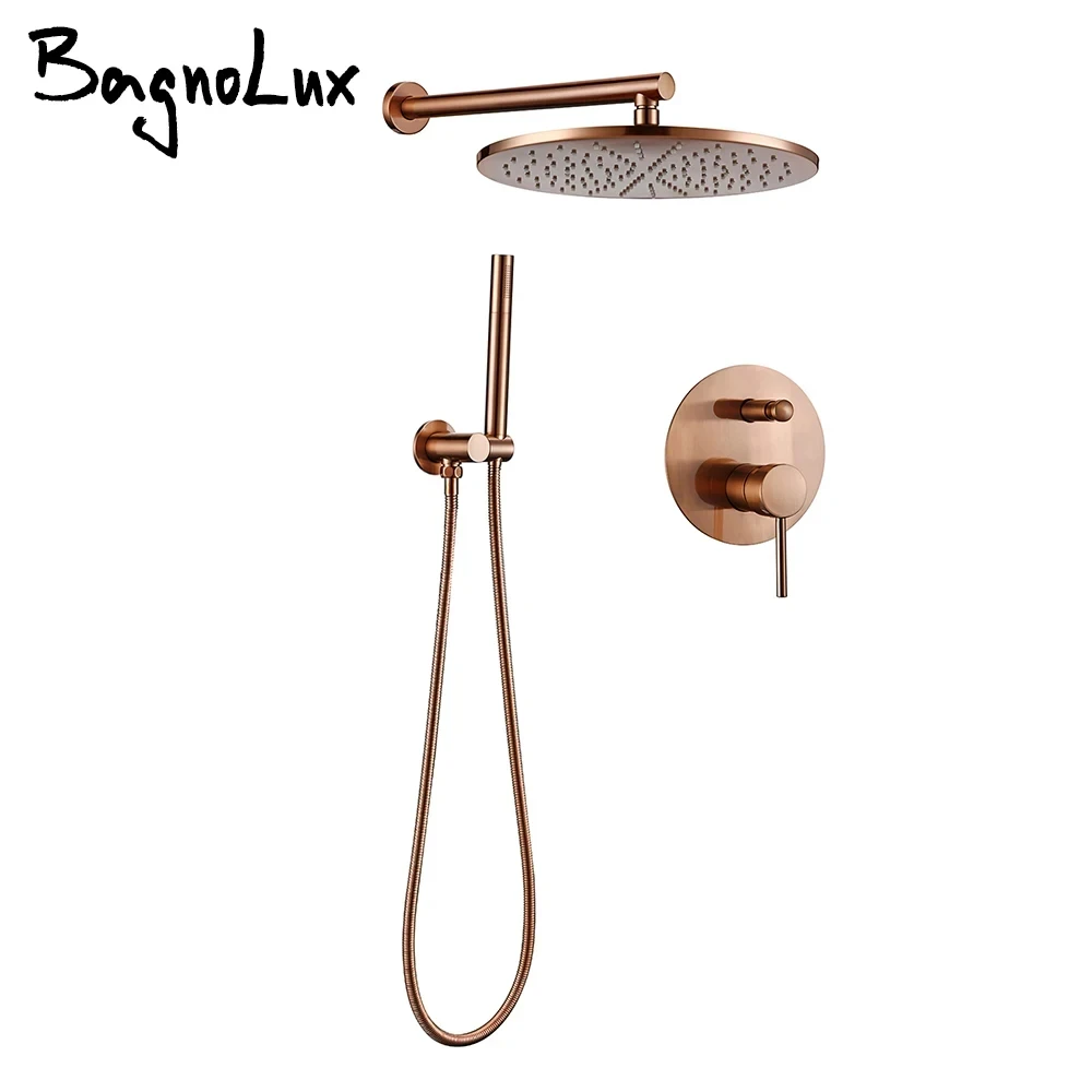 Bathroom Shower Faucet Set Brushed Rose Gold Shower Brass Hot Cold Wall Mount Arm Diverter Handheld Rian Head