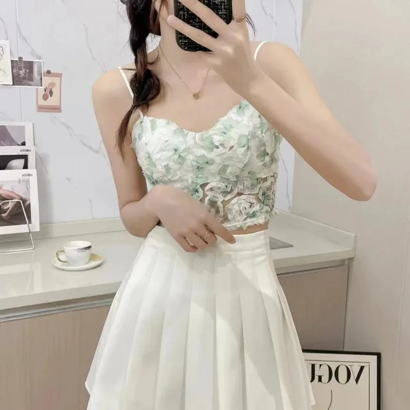 New Summer Sweet Floral Corset Office Women Beach Style Sleeveless Shirt Girls Cute Y2K Pink White Lace Slim Short Camisole Top
