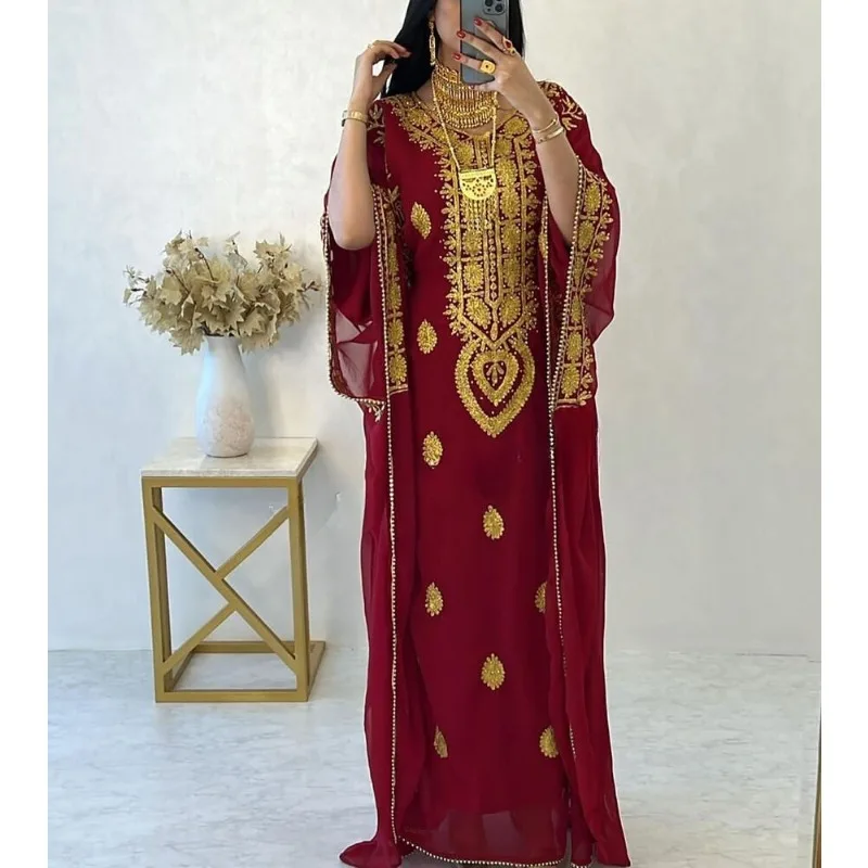 

Maroon Moroccan Dubai Kaftan Farasha Abaya Wedding Fancy Long Gown Dress