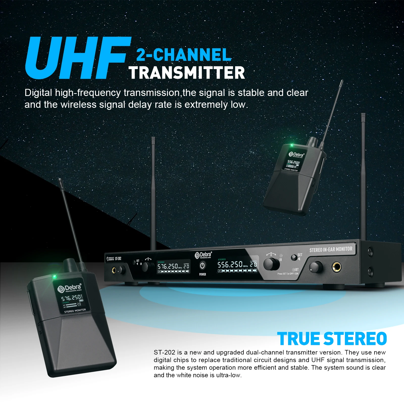 Stereo UHF Wireless In-Ear Monitor System ST-202 Dual frequency for Stage Record