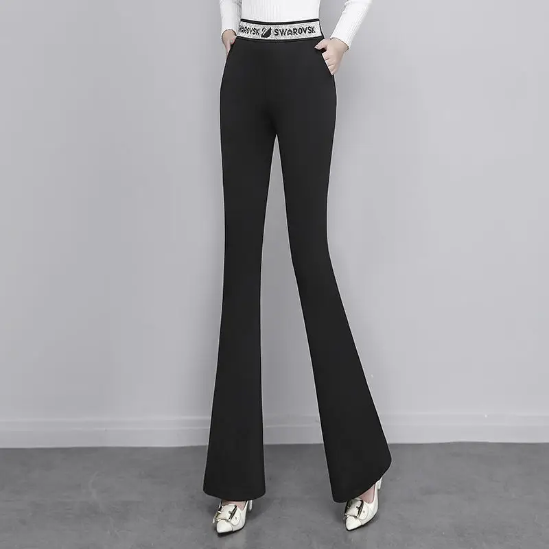 Office Lady Korean Fashion Diamonds Flare Pants Spring Autumn Women Solid Versatile Elastic High Waist Elegant Casual Trousers