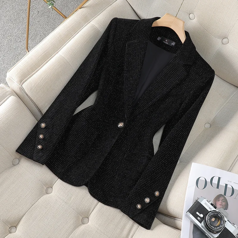 Spring Autumn Women Fashion Slim Gold velvet Long-sleeved Suit Jacket Commuting Business Casual Blazer coat