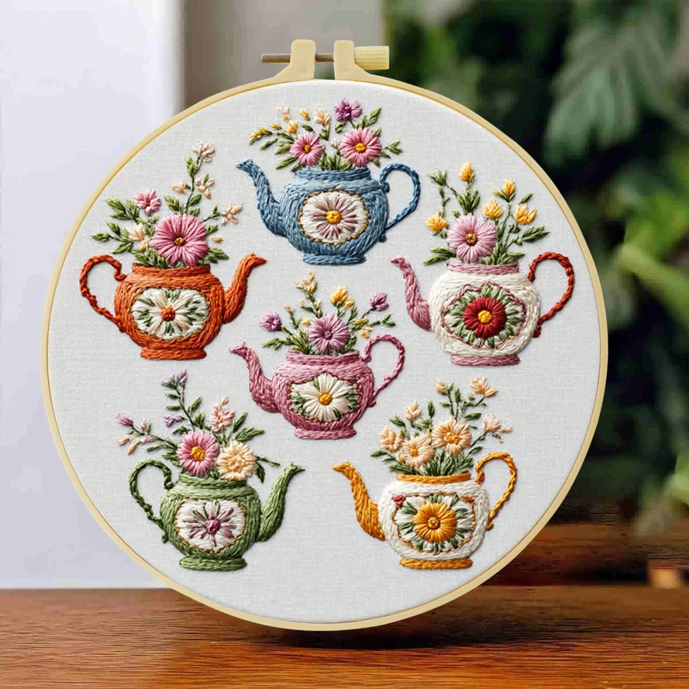 1 Stück 20X20CM/15X15CM Stickerei-Starter-Kit DIY-Set Kreuzstich Nähkunst - Die Blumen des Wasserkochers