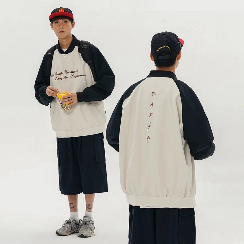 

Men Spring Autumn Patchwork Baseball Clothes Embroidered Jacket Vintage High Street Coat Lightweight Single Layer Casual Couple