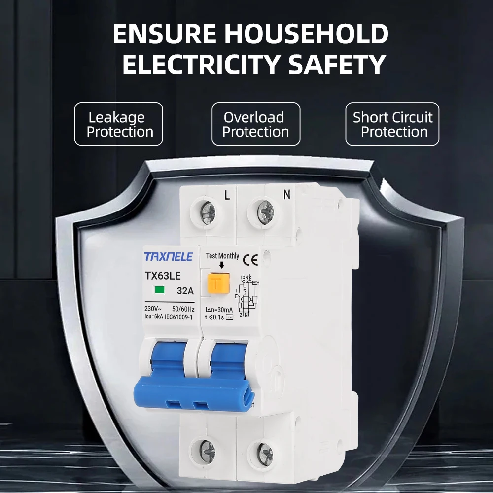 230V 2P Residual Current Circuit Breaker MCB 30mA Overload Short Current Leakage Protection Protect RCBO RCCB RCD 16A 32A 63A