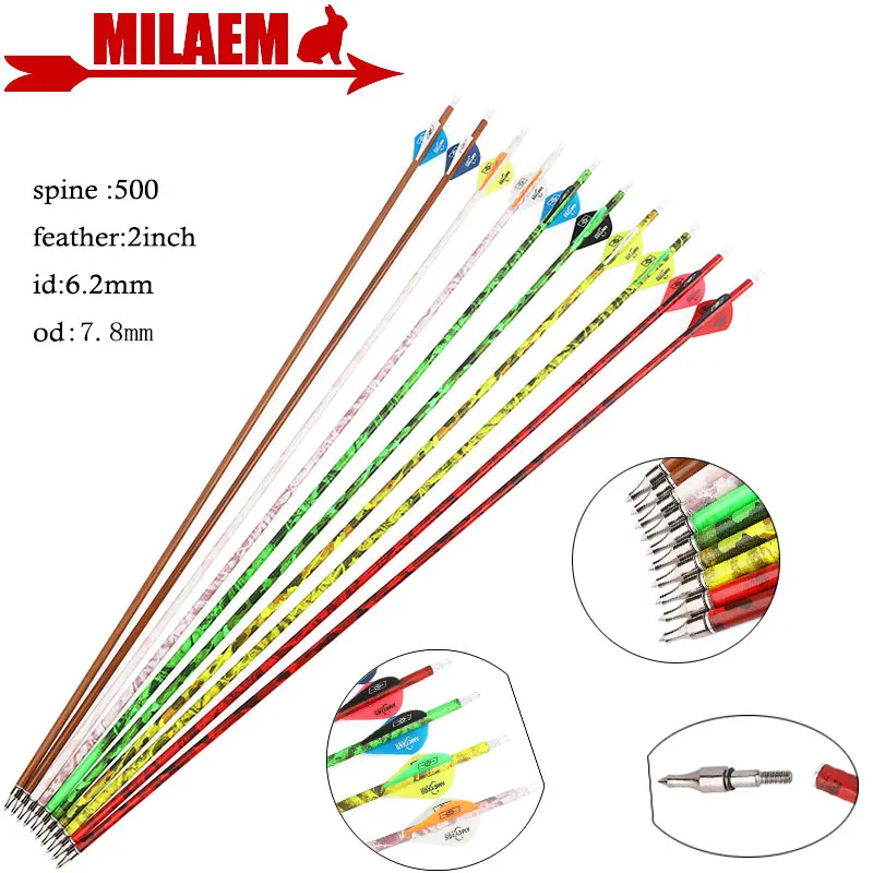 

6/12pcs 30inch Archery Carbon Arrow Spine 500 ID6.2mm OD7.8mm 100Gr Point Tip 2inch Rubber Feather Hunting Accessories