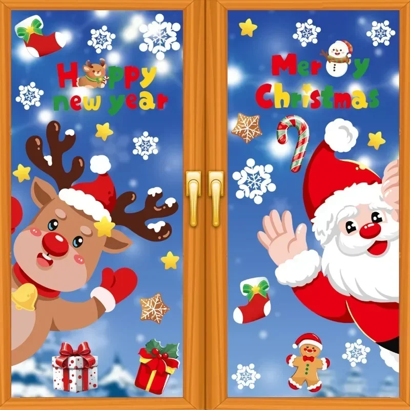 Christmas Window Glass Films Static Cling Stickers Cartoon Santa Claus Xmas Wreath Gingerbread Man Happy New Year Sticker