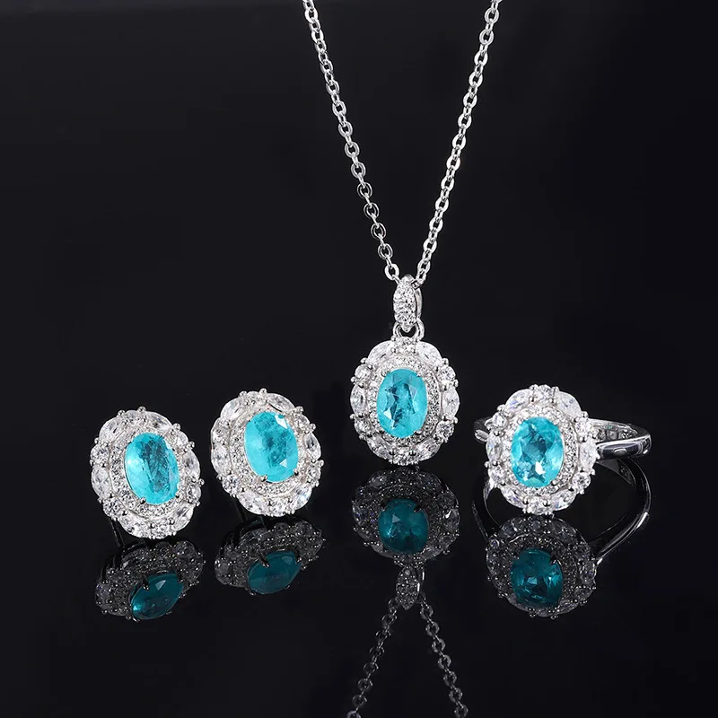 

Sparkling Cubic Zirconia Halo Paraiba Tourmaline Luxury Jewelry Set 925 Sterling Silver Ring Pendant Necklace Earrings For Women