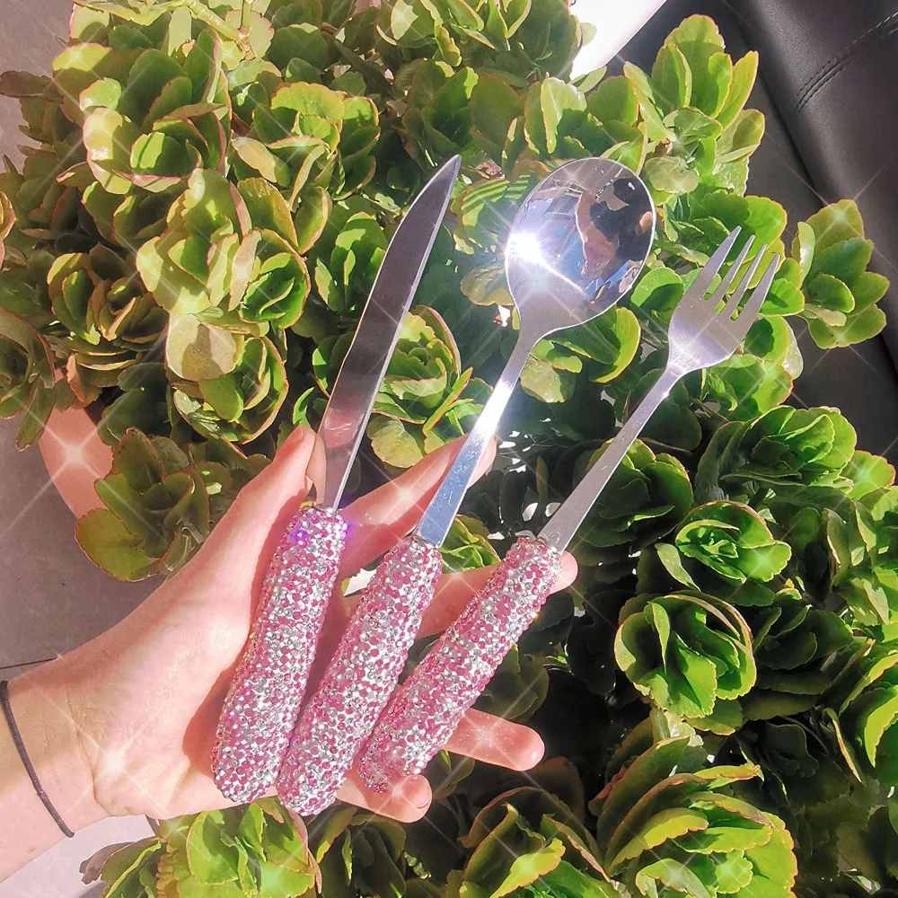 

Dinnerware Set 3 Pieces Cutlery Set Stainless Steel Western Tableware Classic Dinner Set Knife Fork Manual Mosaic Rhinestones
