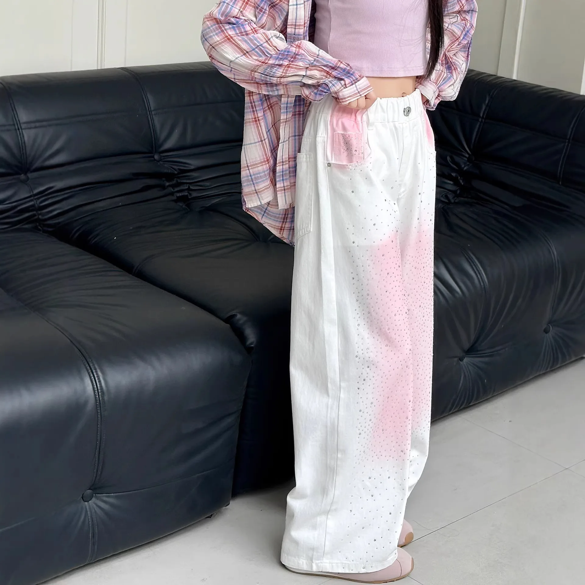 키즈 화이트 라인스톤 장식 스트레이트 레그 스파클리 청바지 결혼식 생일 파티 의상에 적합 소녀 블링 블링 팬츠