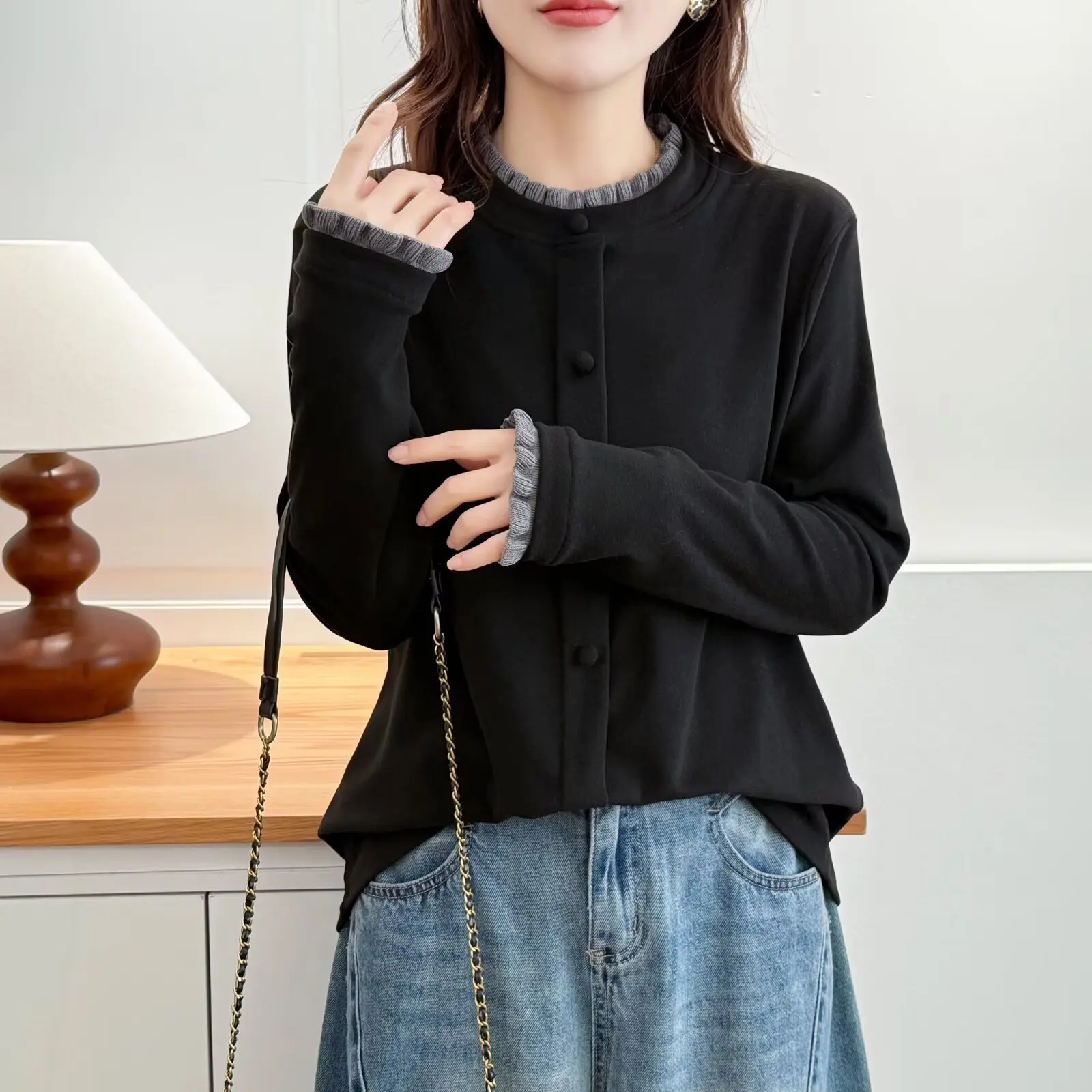 XXXXL Fashion Plus Size Women's T-Shirt Autumn Winter De Velvet Warm Block Color Ruffled Collar Long Sleeve Base Tops 984