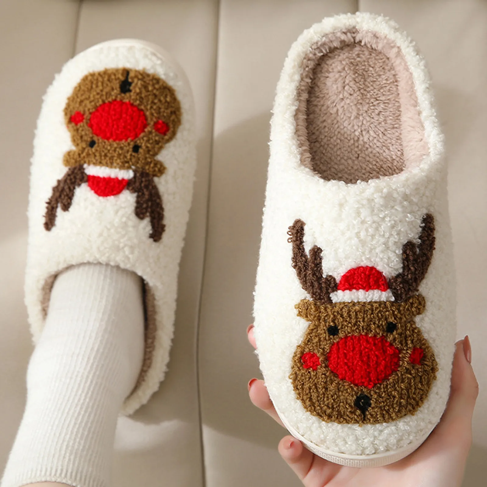 

Christmas Flat Heel Casual Women Slippers Comfortable Fuzzy Plush Warm Indoor Winter Bedroom Soft Sole Home Cotton Shoes Female