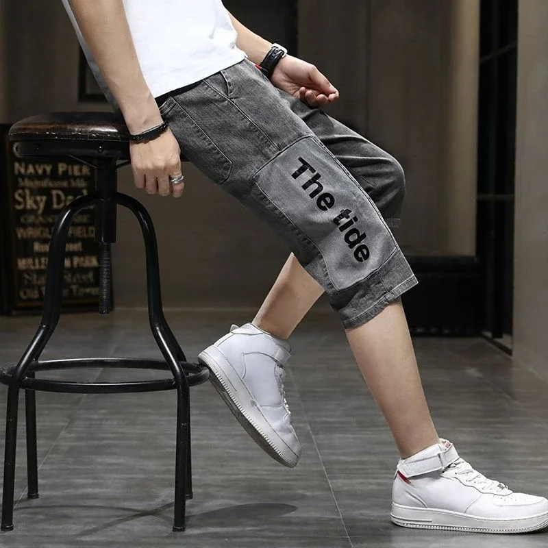 thumbnail image 1 of Pantalones vaqueros cortos para hombre, rectos, grises, con cordón, tendencia vaquera, 2024, oferta azul, moda coreana, botones, retro, Y2k, 1 of 5