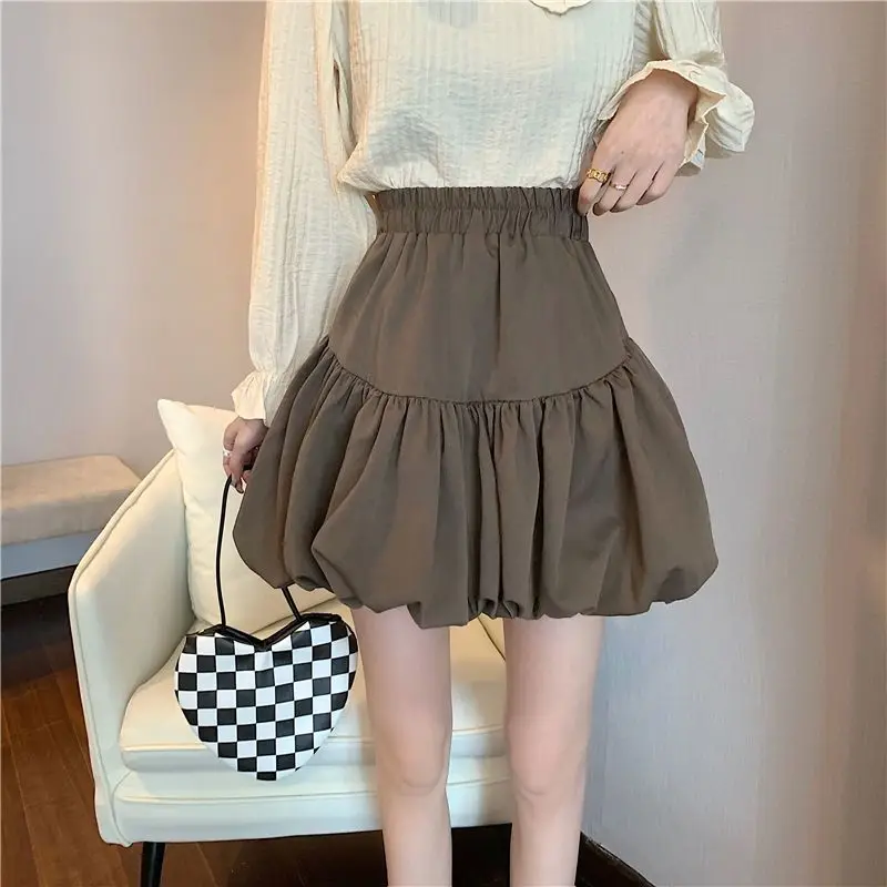 Spring Autumn New Elastic Waist Loose A-line Skirt Sweet Pleated Solid Color Fluffy Short Skirt Fashion Trend Women Clothing