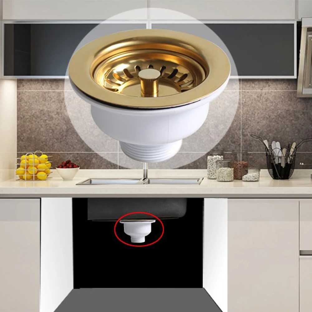High-Quality 114MM Stainless Steel Sink Dish Drainer Strainer With Gold Plated Kitchen Sink Drainage Waste Kit Brushed