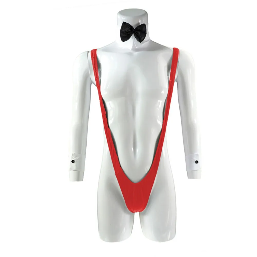 

Sexy Mens Lingerie One-piece V-shaped Bodysuit Jockstrap Mankini Sexy Thong & Bow Tie & Sleeves Suspender Bikini Sissy Underwear