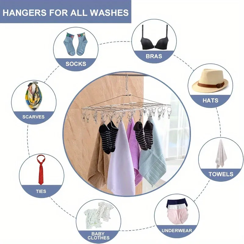 Stainless Steel Laundry Hanger Stainless Steel Laundry Hanger Clothes Rack with 40 Anti-Wind Rotary Utility Hooks Windproof Drying Stand for Indoor/Outdoor Use