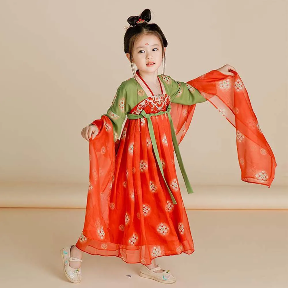 Chinese Hanfu Dress Girls Dunhuang Style Tang Dynasty Ancient Hanfu Dress Children Fairy Cosplay Green Red for Girls