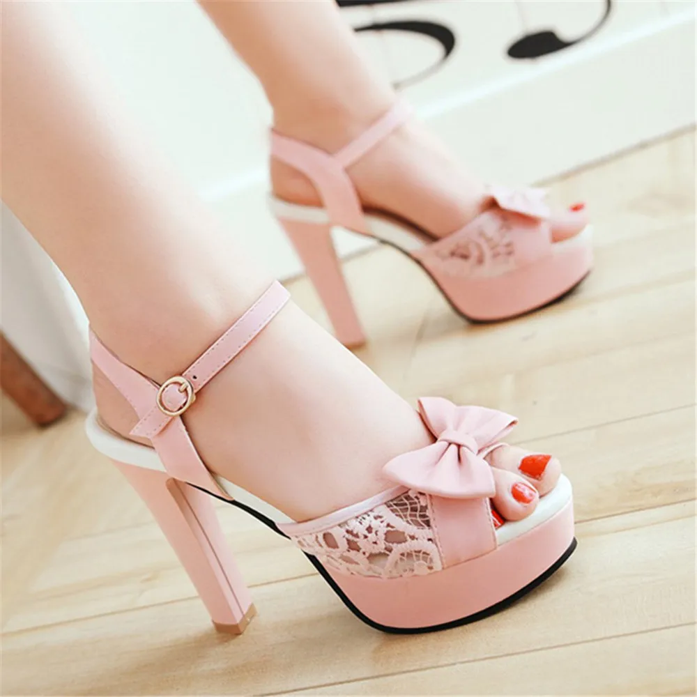 Women Summer Lace Bow Mesh Shoes Fish Mouth High Heel Ladys Platform Sandals Evening White Dress Wedding Female Zapatos De Mujer
