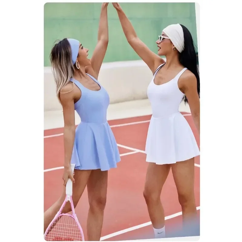 Women Tennis Dress One-Pieces Slim Fit Soft Sports Sets Golf Badminton Skorts Back Cross Tracksuits With Chest Pads Yoga Suits