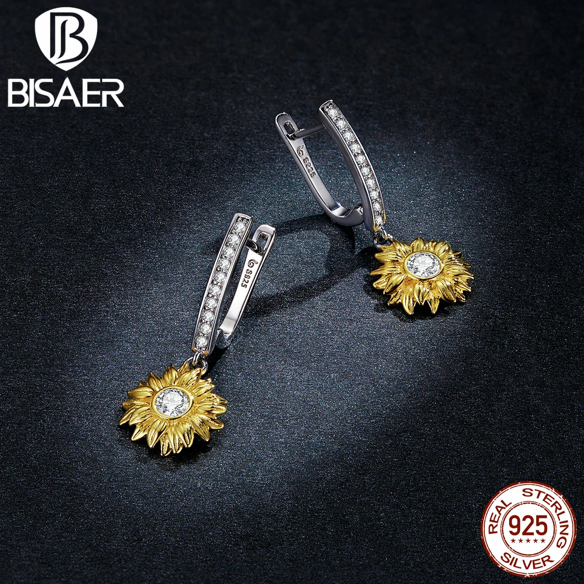 BISAER 해바라기 쥬얼리 세트 도금 14k 골드 컬러 럭키 목걸이 귀걸이 여성을위한 선물 파인 쥬얼리 선물
