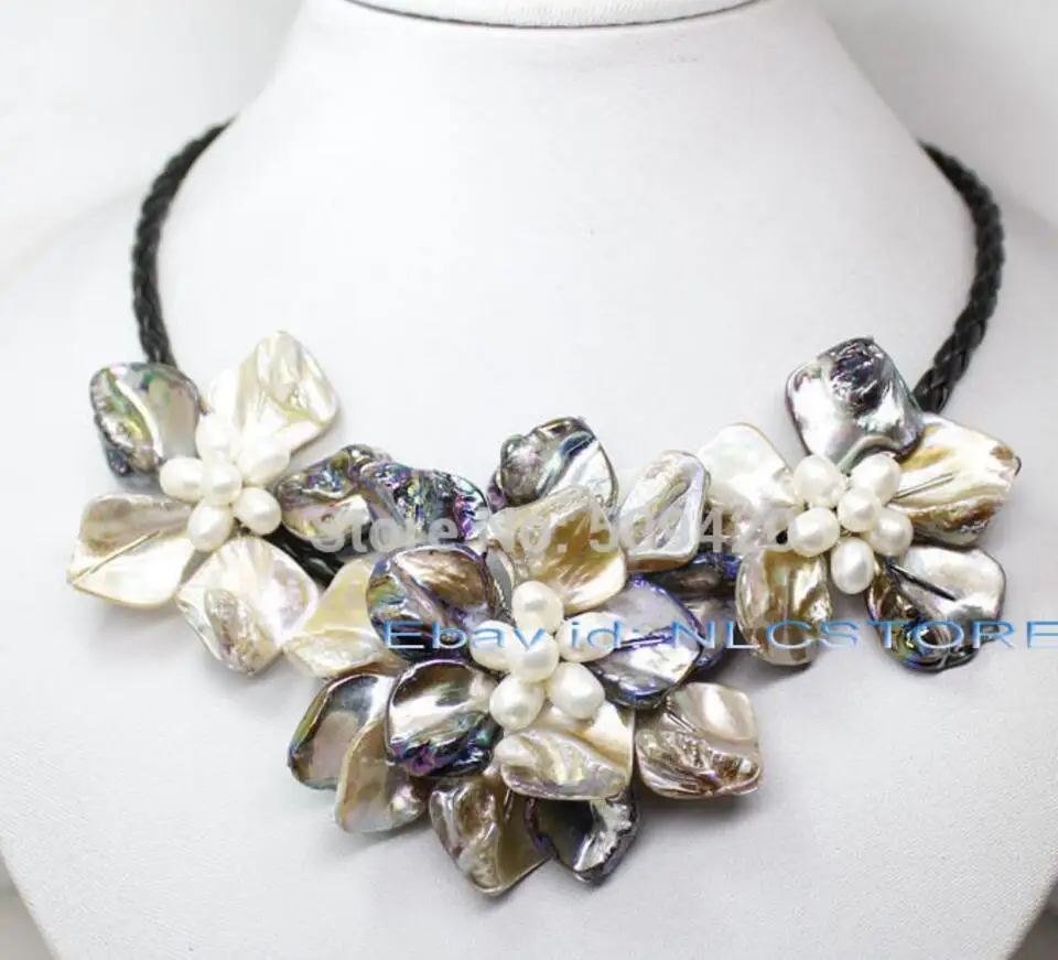 

white pearl mother of pearl shell weave flower pendant necklace fashion jewelry