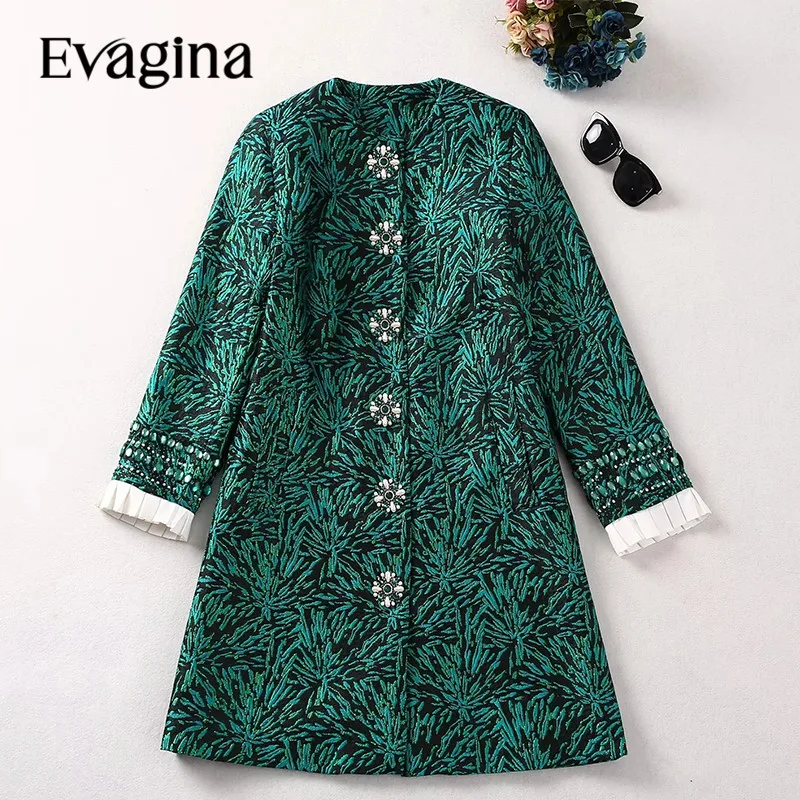 

Evagina New Fashion Runway Designer Women's Long Sleeved Green Jacquard Single Breasted Mid Length Temperament Coat