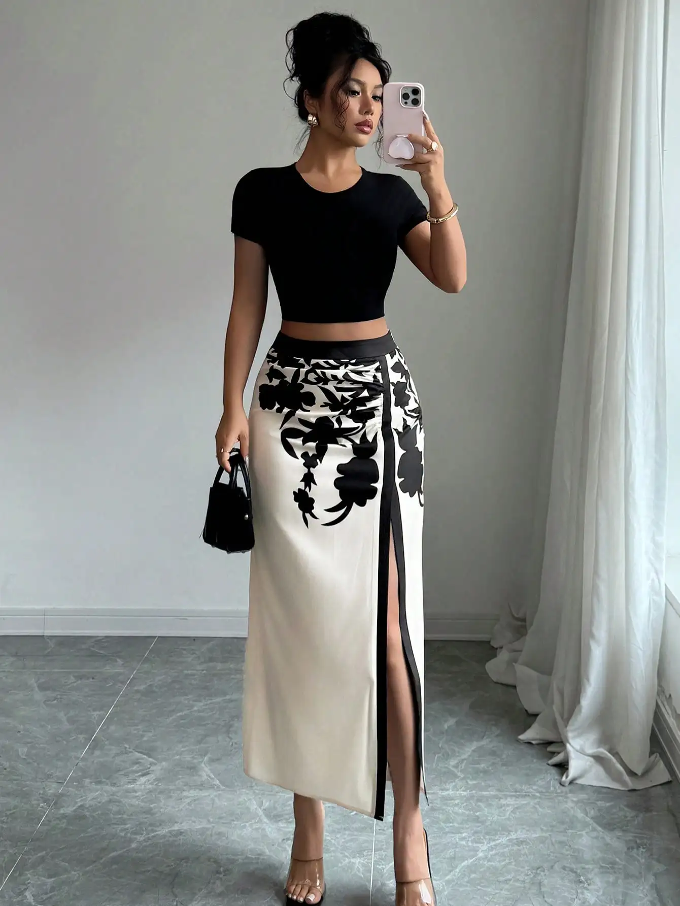 Women's Black Floral Print Midi Skirt 2026 Ruched High Slit Casual Summer Skirt 1