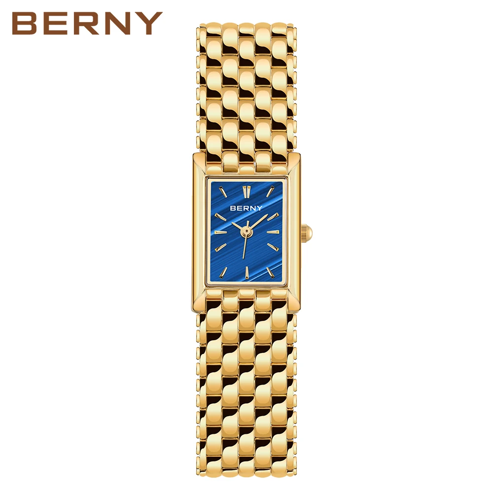 BERNY Luxury Women Quartz Watch Golden Female Clock Stainless Steel Gold Women Rectangle Fashion Waterproof 3ATM Wristwatch