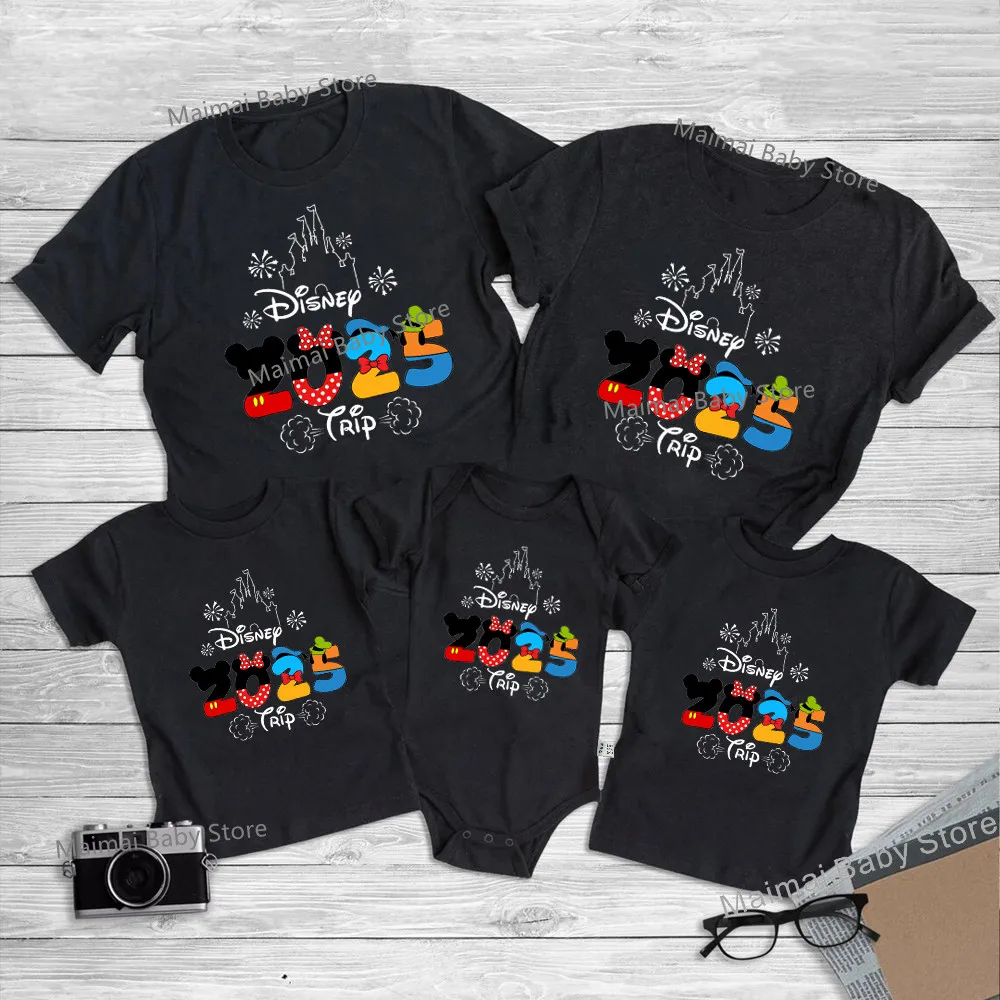 2025 Disney Trip Mickey Minnie Mouse Family Matching Shirts Cotton Dad Mom Bro Sis Kids T Shirt Baby Rompers 2