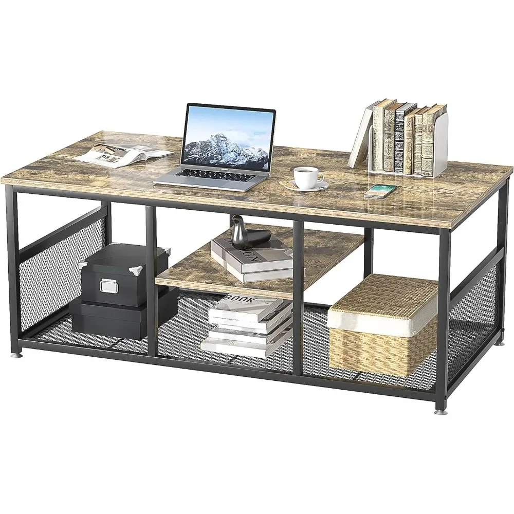 

OEING VECELO Coffee Center Table with Storage for Living Room Office Reception, Modern & Industrial Mesh Shelf, 39.4 Inch, Grey