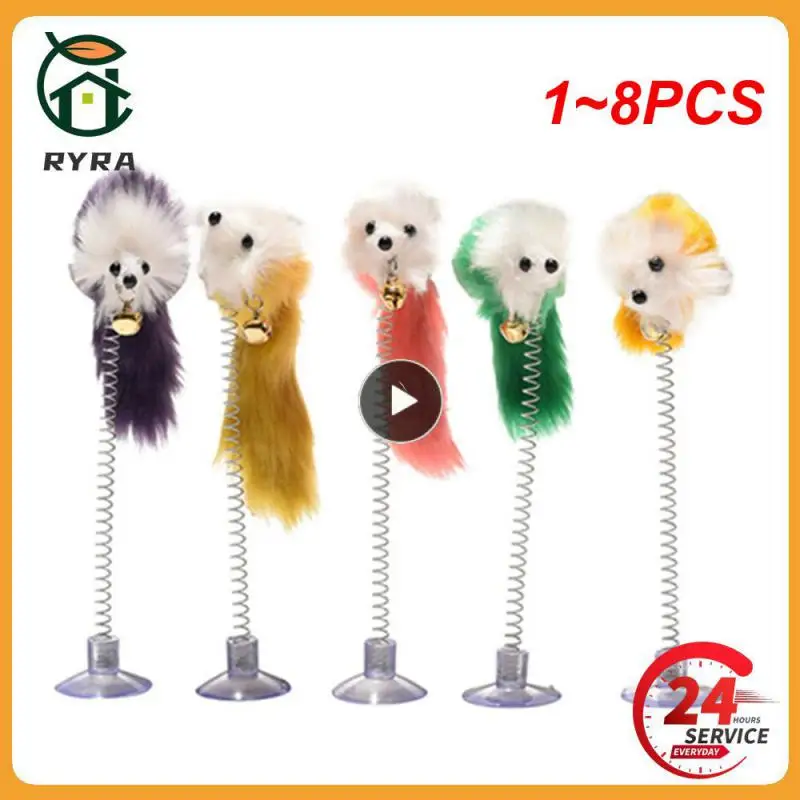 1~8PCS Cat Toy Colorful Elastic Feather False Mouse Bottom Sucker Toys For Cats Kitten Gatos Bells Cat Scratcher Toys Pets
