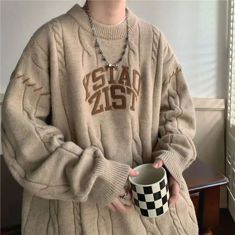 American Lazy Style Sweater Men's Winter Thickened Knit Sweater Autumn and Winter Japanese High-end Retro Knit Sweater