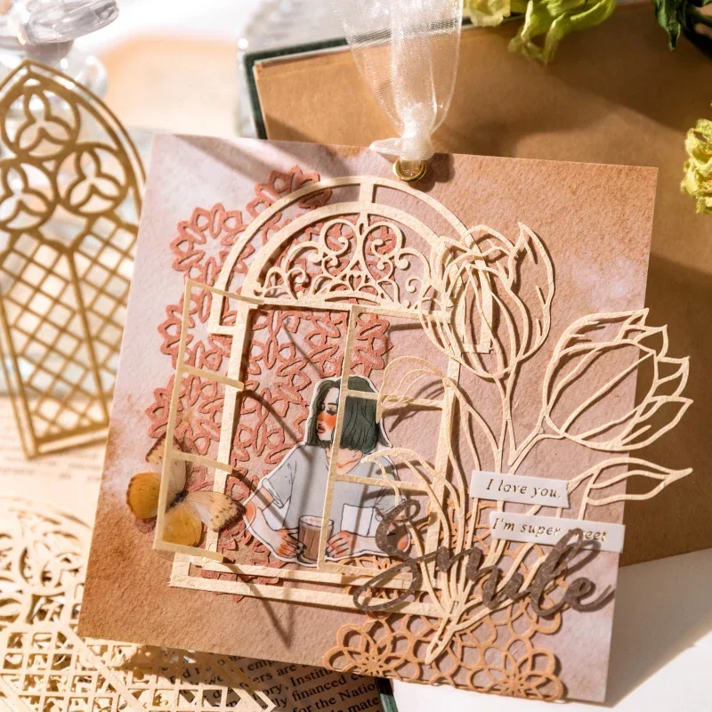 빈티지 윈도우 플라워 서클 레이스 소재 종이 10 개, 정크 저널 플래너 스크랩북 나비 장식 DIY 공예 종이