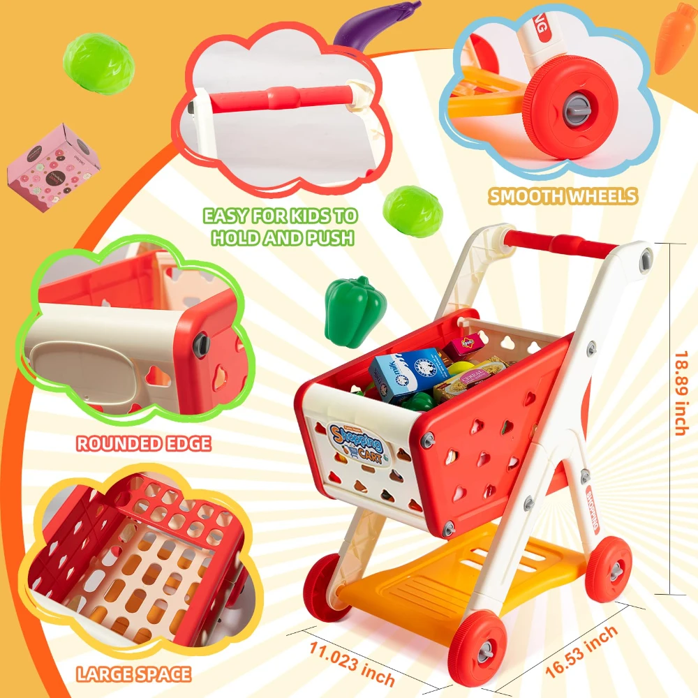 WizKidz Kids Shopping Cart Toy Grocery Trolley With Pretend Play Food Set Supermarket Playset Accessories For Toddlers Aged 3+ 3