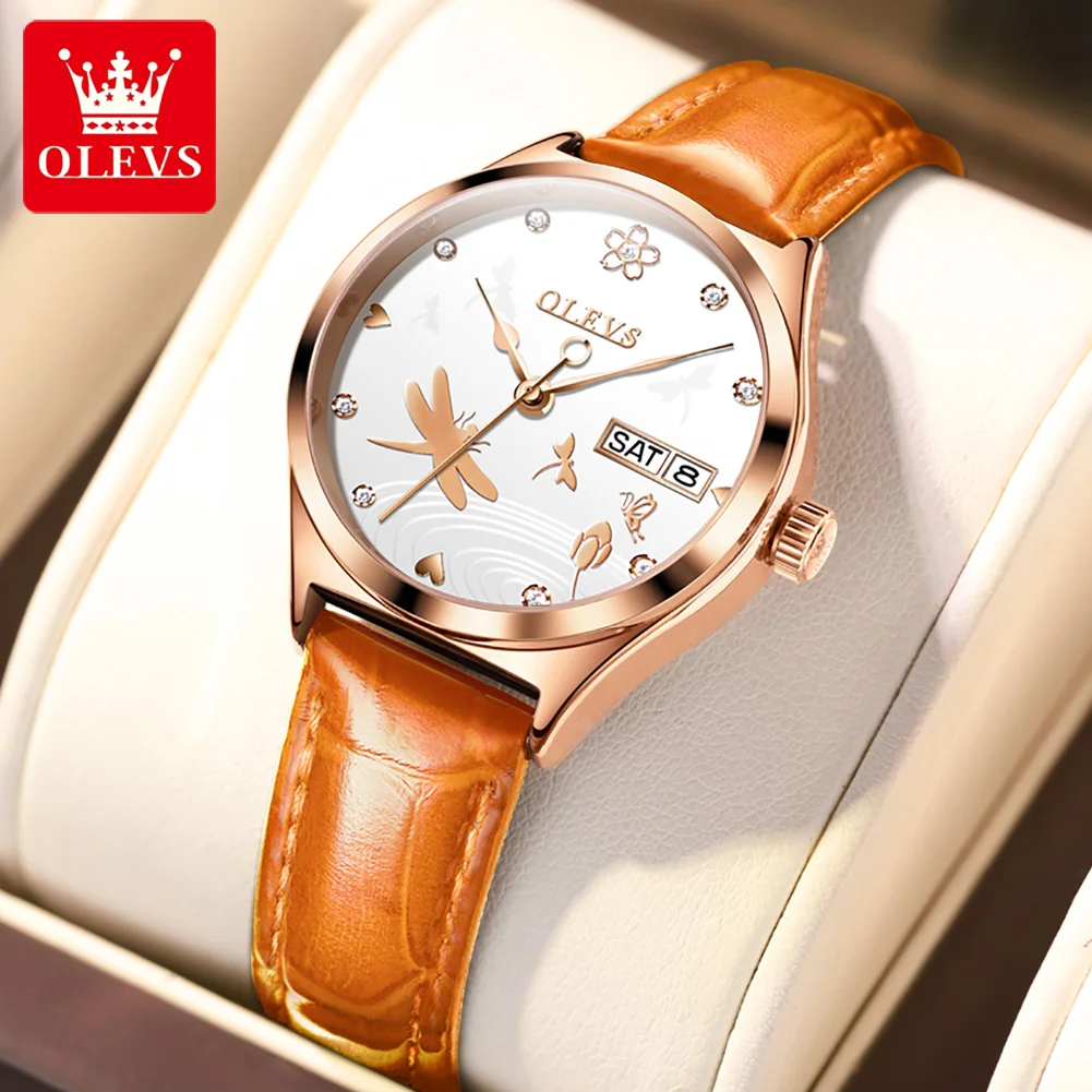 

OLEVS Brand New Luxury Rhinestone Women Mechanical Watch Leather Waterproof Week Date Fashion Womens Watches Relogio Feminino